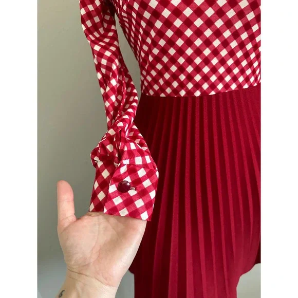 Vintage 60s 70s Red Check Skater Accordion Pleated Dagger Collar Mod Red Dress - Picture 5 of 15